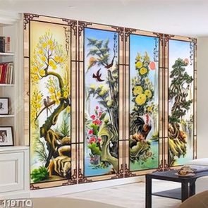 Tranh tứ quý trang trí bốn loại cây bên chú gà trống
