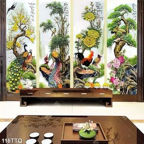 Tranh tứ quý tài lộc in canvas những chú chim công