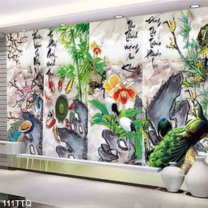 Tranh tứ quý in tường những chú chim công bên hoa