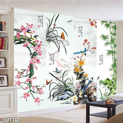 Tranh tứ quý trang trí bốn loại cây bên chú chim ri