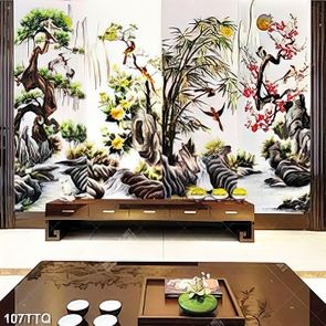 Tranh tứ quý tài lộc in canvas cây tùng cúc trúc đào