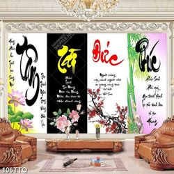 Tranh tứ quý psd chữ thư pháp tâm tài đức phúc