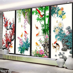 Tranh tứ quý nghệ thuật đào lan trúc cúc bên cá chép