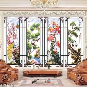 Tranh tứ quý in canvas cây tùng mai trúc cúc bên chim