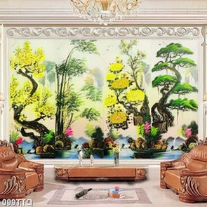 Tranh tứ quý treo tường bốn loại hoa bên con suối