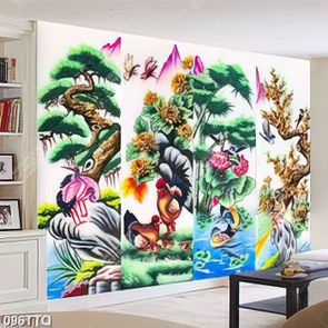 Tranh tứ quý in tường tùng ,cúc,trúc,mai bên chim hạc