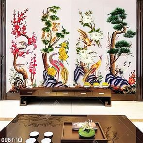 Tranh tứ quý trang trí bốn loại cây bên chim công