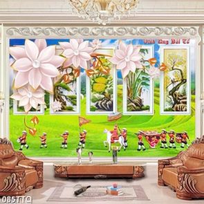 Tranh tứ quý in 3d tùng mai cúc trúc bên đoàn người