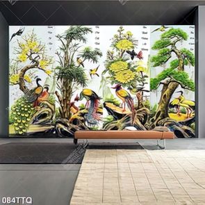 Tranh tứ quý nghệ thuật tùng mai trúc cúc và chim công