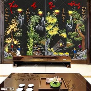 Tranh tứ quý tài lộc in canvas cây tùng mai trúc cúc