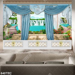 Decor tranh phào chỉ những chiếc rèm màu xanh bên hiên