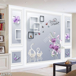 Tranh phào chỉ psd đôi chim thiên nga giả ngọc và hoa tím