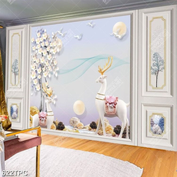 Tranh phào chỉ dán tường hai chú hươu bên đàn bồ câu trắng