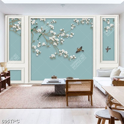 Tranh phào chỉ 8d những chú chim đạu trên cành hoa anh đào Tranh phào chỉ 8d những chú chim đạu trên cành hoa anh đào