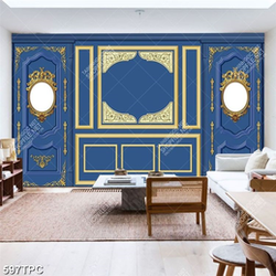 Tranh phào chỉ psd hai tấm gương trên tường màu xanh lam