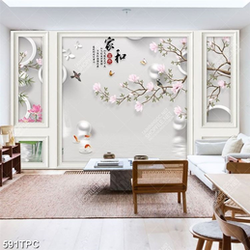 Tranh phào chỉ in uv đàn cá chép vàng dưới cành hoa đào