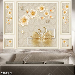 Decor tranh phào chỉ đôi thiên nga vàng bên hoa giả ngọc