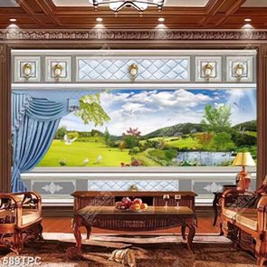 Tranh phào chỉ trang trí rèm màn xanh bên đồng cỏ xanh