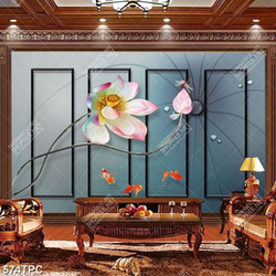 Tranh phào chỉ in canvas bông hoa sen hồng bên đàn cá chép