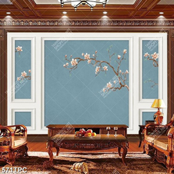 Tranh phào chỉ in uv cành hoa anh đào trên nền màu xanh