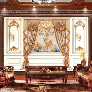 Tranh phào chỉ in canvas tấm màn rèm màu vàng và chú hươu