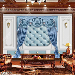 Tranh phào chỉ in 3d bức rèm xanh bên chiếc đèn treo tường