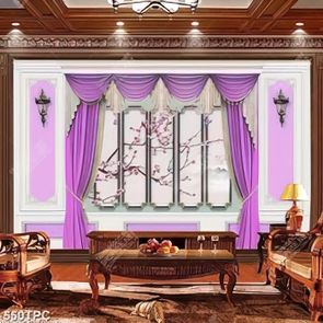 Decor tranh phào chỉ màn rèm màu tím bên cành hoa đào