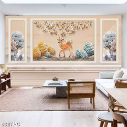 Tranh phào chỉ dán tường chú hươu vàng bên đồi thông xanh
