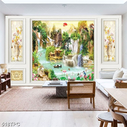 Tranh phào chỉ in 3d bình hoa mộc lan bên những thác nước