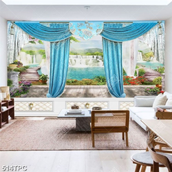 Tranh phào chỉ in canvas tấm màn rèm màu xanh bên thác