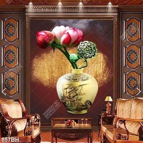 Tranh bình hoa dán tường những búp sen hồng bên đài sen