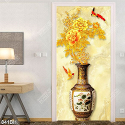 Tranh bình hoa mẫu đơn dáp vàng và chú chim ri bay lượn psd