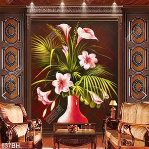 Tranh bình hoa in canvas bông hoa lan bên những chiếc lá