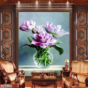 Tranh bình hoa trang trí bông hoa tím trong bình thủy tinh Tranh bình hoa trang trí bông hoa tím trong bình thủy tinh