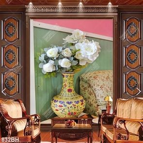 Tranh bình hoa những bông hoa hồng màu trắng bên sofa psd