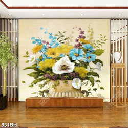 Tranh sơn dầu bình hoa nghệ thuật những bông hoa màu xanh