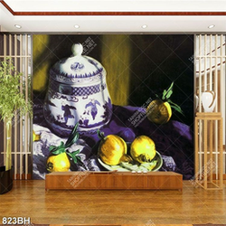 Tranh bình hoa psd những trái lựu bên bình trà trên bàn ăn