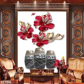 Tranh bình hoa đâm bụt khoe sắc đỏ trên nền trắng decor