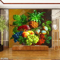 Tranh bình hoa decor những trái cây tươi ngon trên bàn gỗ