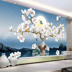 Tranh bình hoa mộc lan trắng khoe sắc bên trăng treo tường