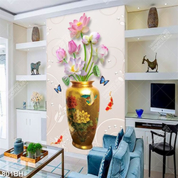 Tranh bình hoa những bông hoa sen bên đàn cá chép in canvas