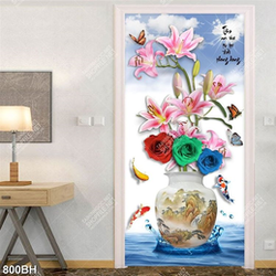 Tranh bình hoa những bông hoa hồng và hoa ly bên cá chép 3d