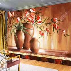 Tranh bình hoa trang trí những bông hoa đỏ bên bức tường gỗ