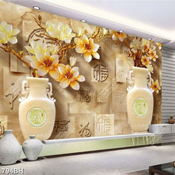 Tranh bình hoa mộc lan dáp vàng trên tường chữ hán decor