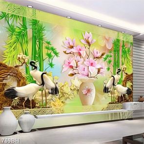 Tranh bình hoa mộc lan khoe sắc bên những chú hạc trang trí