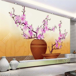 Tranh bình hoa 3d cành hoa anh đào trên bức tường gạch