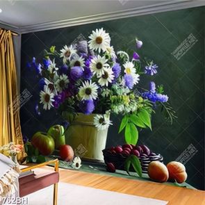 Tranh bình hoa treo tường hoa cúc trắng trên bàn đầy trái cây