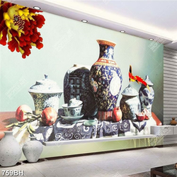 Tranh bình hoa psd bông hoa mẫu đơn đỏ bên chiếc bình sứ