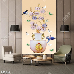 Tranh bình hoa treo tường đôi chim xanh bay lượn bên hoa