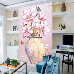 Tranh bình hoa psd cành hoa mộc lan khoe sắc bên đàn bướm